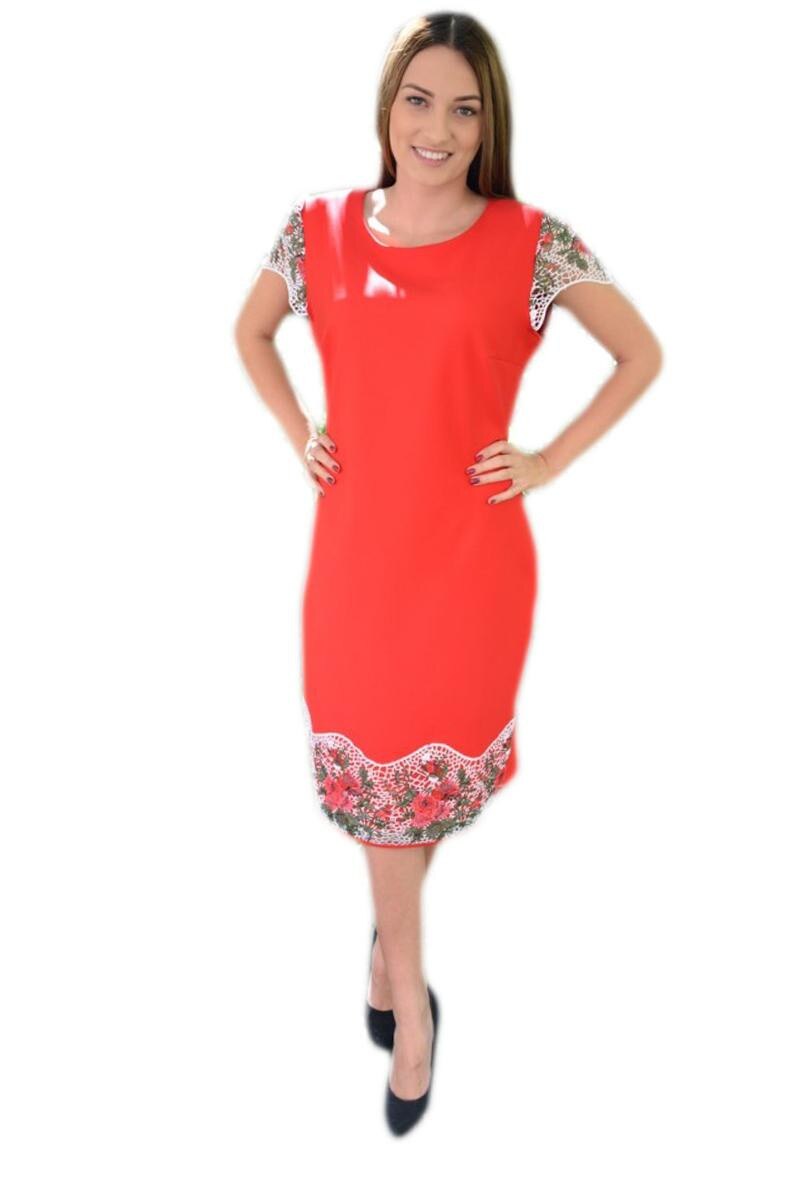 Rochie casual-eleganta cu broderie florala, colorata, D&J Exclusive, Rosu