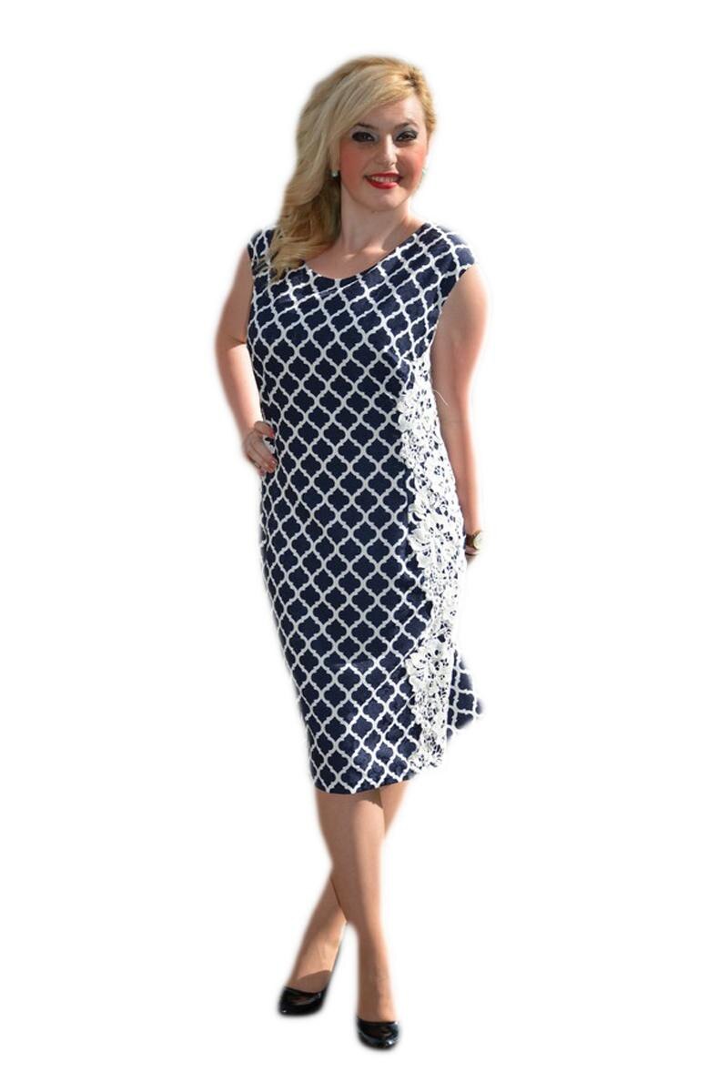 Rochie cu imprimeu geometric, D&J Exclusive, Bleumarin/Alb