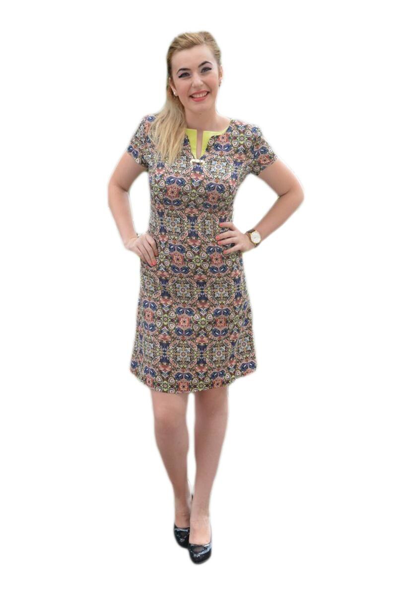 Rochie de zi cu imprimeu abstract si croi deosebit, D&J Exclusive, Multicolor