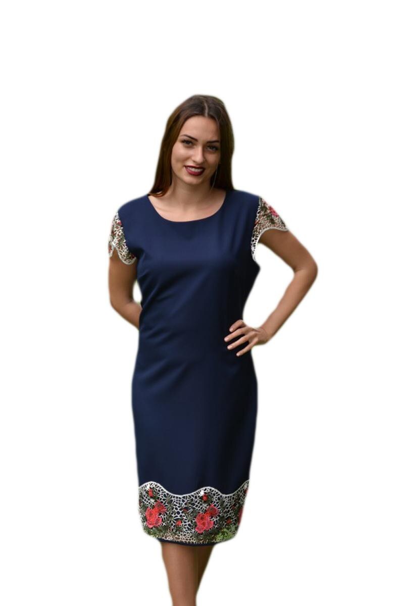 Rochie casual-eleganta cu broderie florala, colorata, D&J Exclusive, Albastru marin
