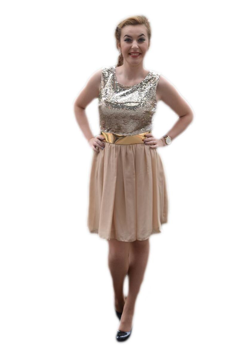 Rochie de ocazie, partea de sus decorata cu paiete, D&J Exclusive, Crem