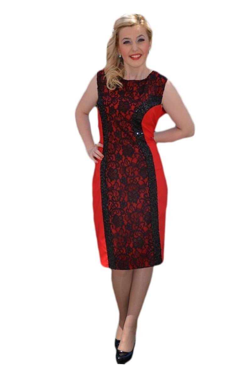Rochie de ocazie infrumusetata cu dantela si paiete, D&J Exclusive, Rosu