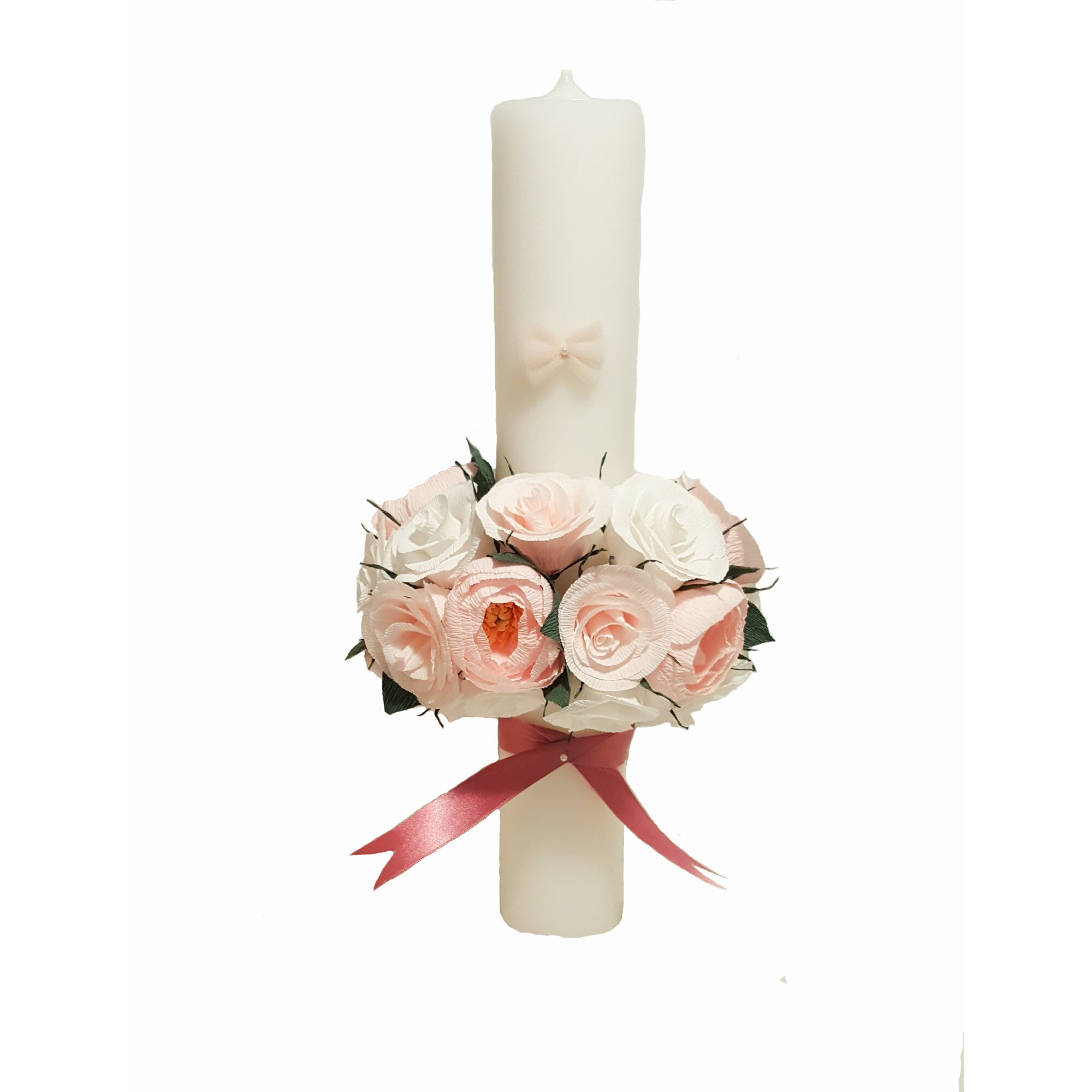 Lumanare de botez Handmade Minis Boutique, cu flori alb si roz