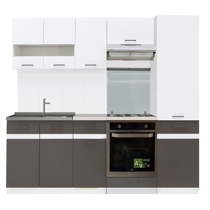 Set Bucatarie Junona 3C2 B, Genarom, PAL, Finisaj Alb Lucios cu Gri Wolfram, 230 x 195,5 x 60 cm
