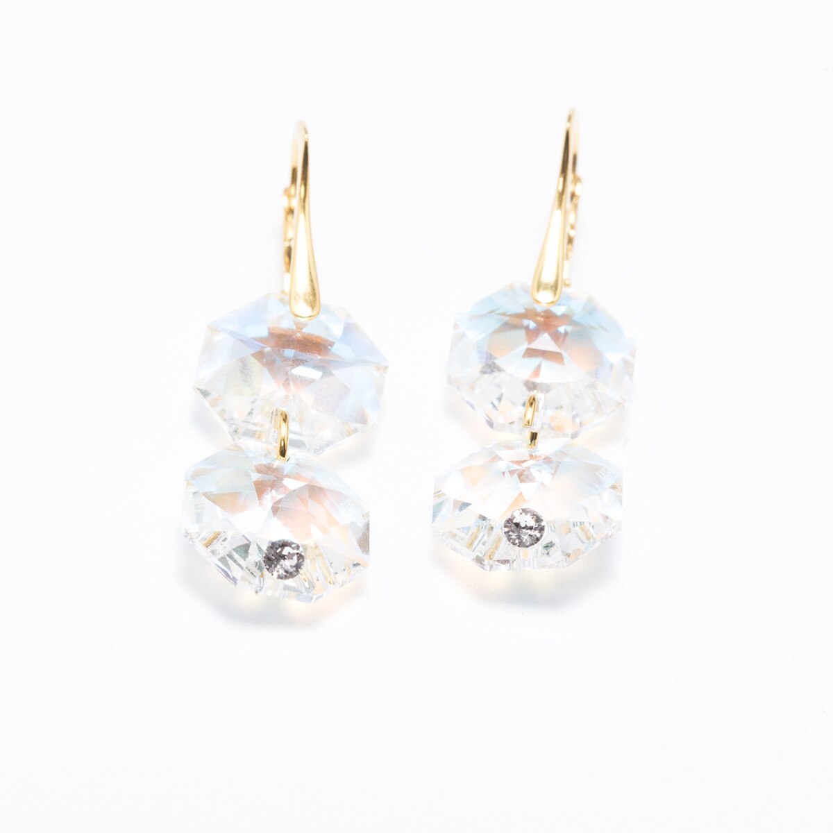 Cercei Argint DaviCrystals cu cristale Swarovski octogon cu leverback agatator gold cu doua cristale Aurore Boreale