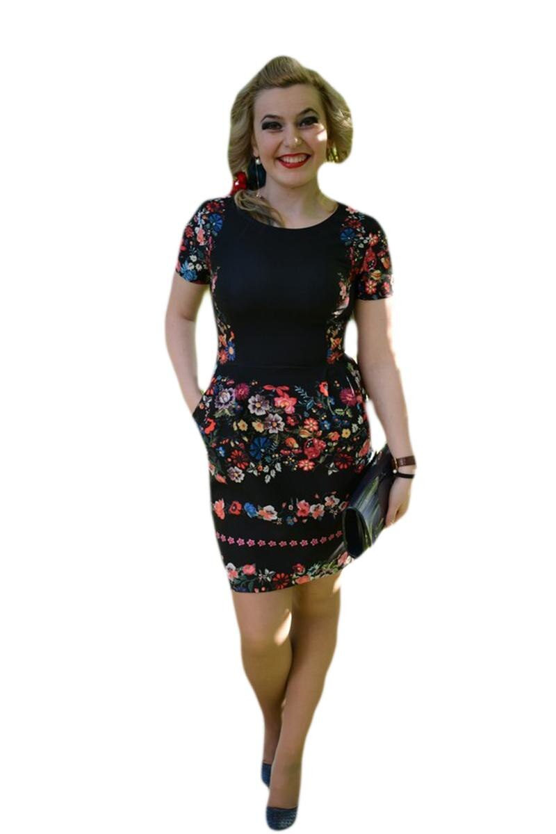 Rochie cu imprimeu,aspect de broderie multicolora, D&J Exclusive, Negru