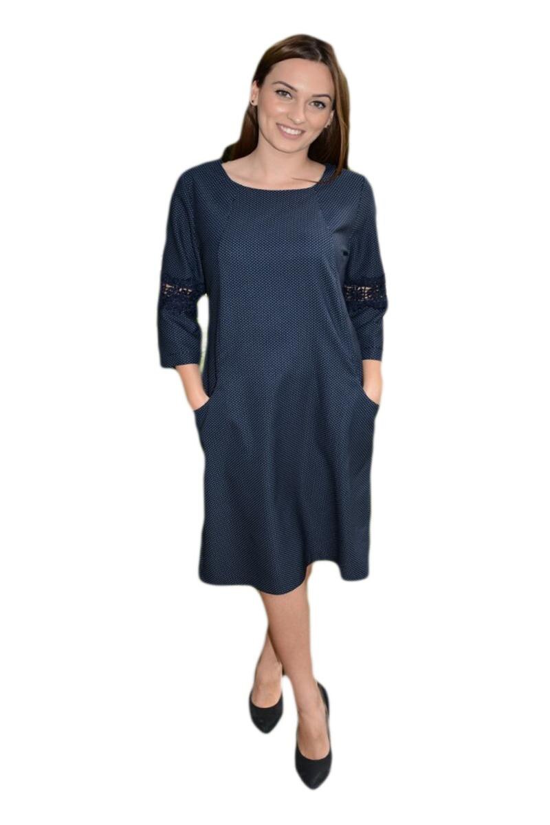 Rochie cu design de buline albe si dantela , D&J Exclusive, Albastru marin
