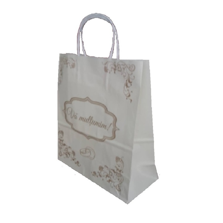 Pungi Cadou Model Va Multumim 24x11x28 cm, 100 buc/set - Sacose Albe pentru Nunta, Pungi cu Tipar Auriu, Plasa din Hartie Alba, Sacosa pentru Nunta Brandpaper