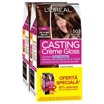 Pachet promo: 2 x Vopsea de par semi-permanenta fara amoniac L'Oreal Paris Casting Creme Gloss 503 Ciocolata aurie, 180 ml Pachet promo: 2 x Vopsea de par semi-permanenta fara amoniac L'Oreal Paris Casting Creme Gloss 503 Ciocolata aurie, 180 ml