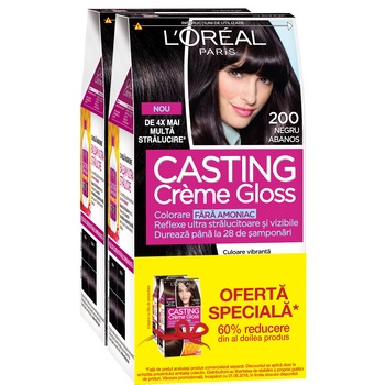Pachet promo: 2 x Vopsea de par semi-permanenta fara amoniac L'Oreal Paris Casting Creme Gloss 200 Negru Abanos, 180 ml Pachet promo: 2 x Vopsea de par semi-permanenta fara amoniac L'Oreal Paris Casting Creme Gloss 200 Negru Abanos, 180 ml