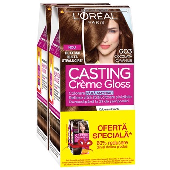 Pachet promo: 2 x Vopsea de par semi-permanenta fara amoniac L'Oreal Paris Casting Creme Gloss 603 Ciocolata cu vanilie, 180 ml Pachet promo: 2 x Vopsea de par semi-permanenta fara amoniac L'Oreal Paris Casting Creme Gloss 603 Ciocolata cu vanilie, 180 ml