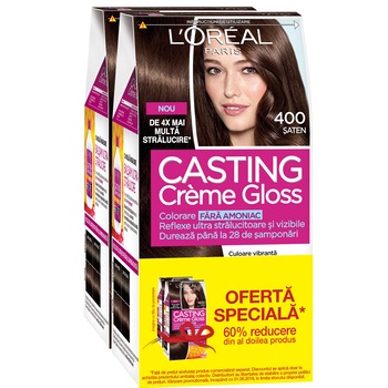 Pachet promo: 2 x Vopsea de par semi-permanenta fara amoniac L'Oreal Paris Casting Creme Gloss 400 Saten, 180 ml Pachet promo: 2 x Vopsea de par semi-permanenta fara amoniac L'Oreal Paris Casting Creme Gloss 400 Saten, 180 ml