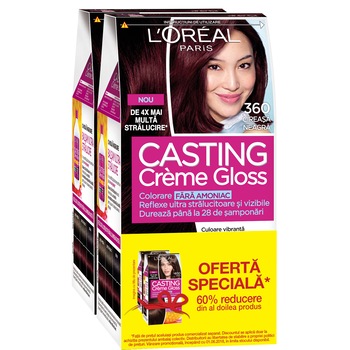 Pachet promo: 2 x Vopsea de par semi-permanenta fara amoniac L'Oreal Paris Casting Creme Gloss 360 Cireasa Neagra, 180 ml Pachet promo: 2 x Vopsea de par semi-permanenta fara amoniac L'Oreal Paris Casting Creme Gloss 360 Cireasa Neagra, 180 ml