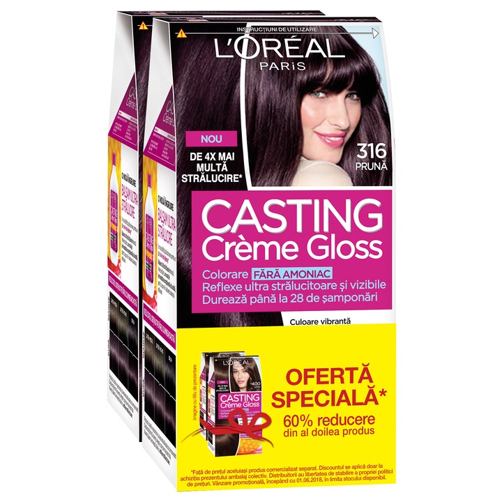 Pachet: 2 x Vopsea de par semi-permanenta fara amoniac L'Oreal Paris Casting Creme Gloss 316 Pruna, 180 ml