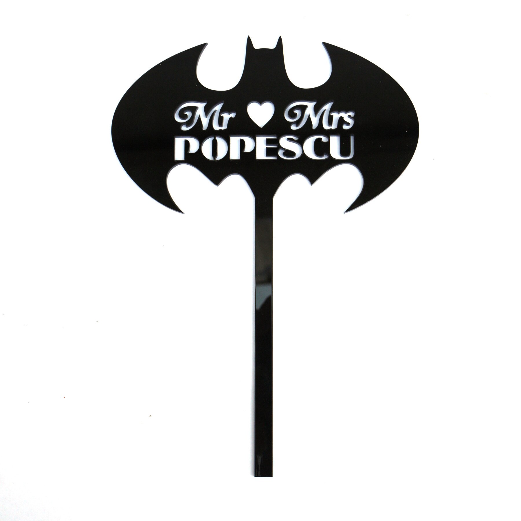 Cake topper in forma de logo batman cu nume personalizat plexiglas negru