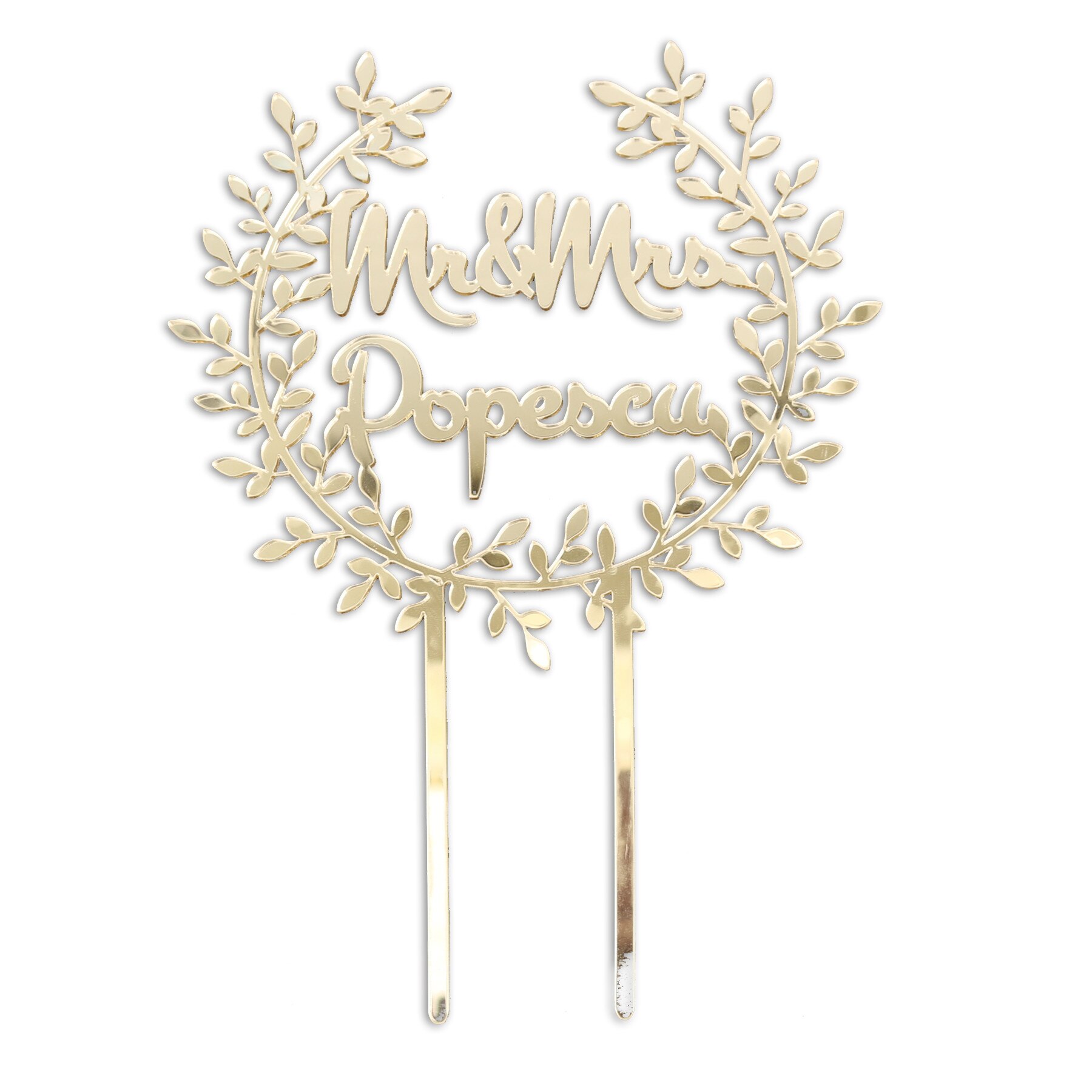 Cake topper Mr & Mrs cu nume personalizat plexiglas auriu oglinda