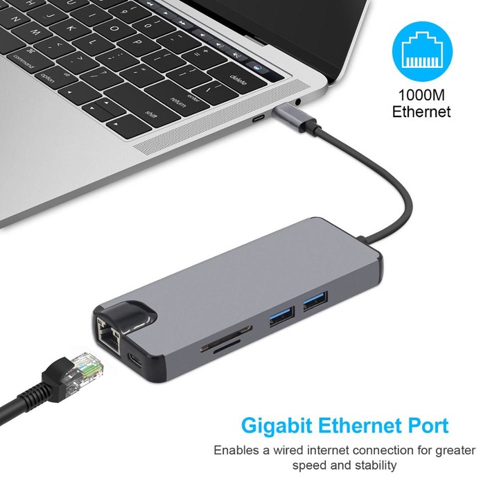 Адаптер HUB Combo алуминий Pro 8 в 1 USB Combo Hub от тип C с HD4K, VGA, USB-C, Gigabit Ethernet RJ45, Dual USB и SD TF Phuture® портове