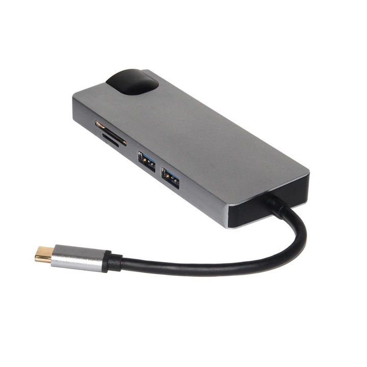 Адаптер HUB Combo алуминий Pro 8 в 1 USB Combo Hub от тип C с HD4K, VGA, USB-C, Gigabit Ethernet RJ45, Dual USB и SD TF Phuture® портове