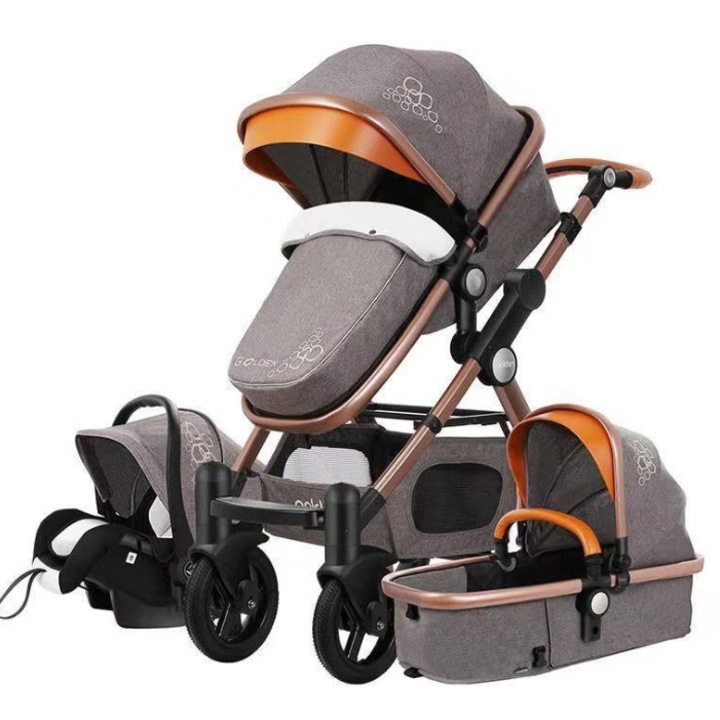 Carucior multifunctional 3 in 1, Modul scoica inclus, Maner reversibil si telescopic, Parasolar cu piele-Bej