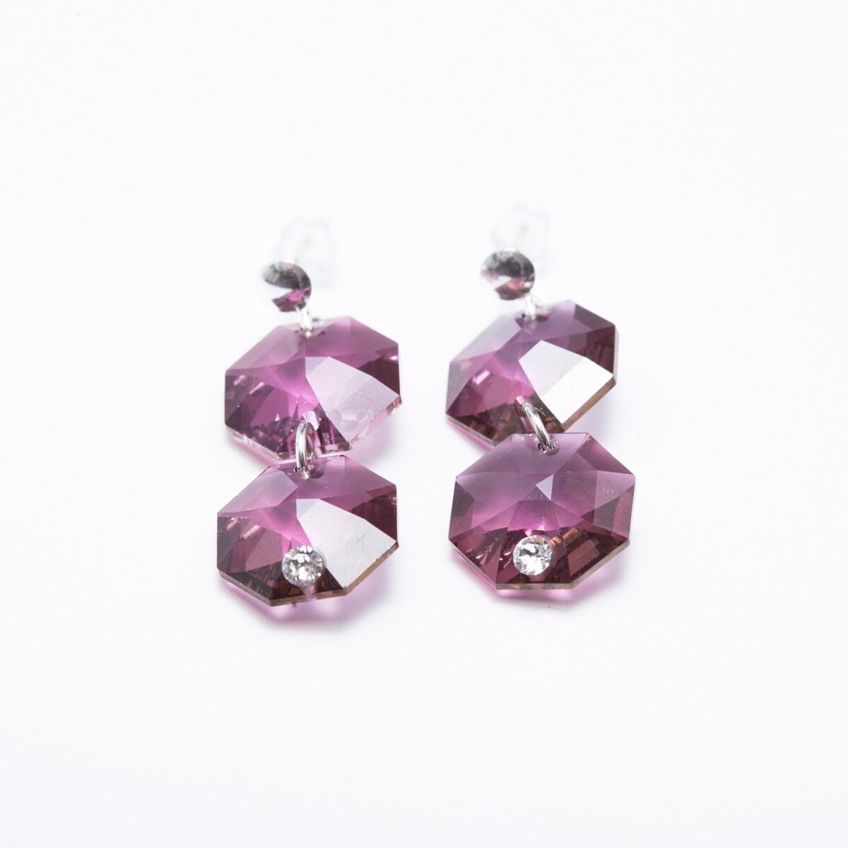 Cercei Argint DaviCrystals cu cristale octogon cu tija cu biluta cu doua cristale Amethyst