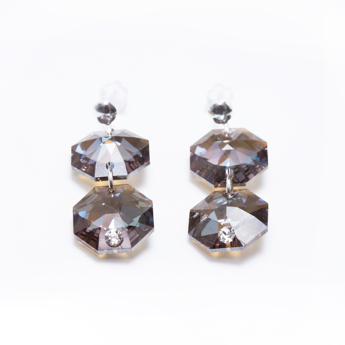 Cercei Argint DaviCrystals cu cristale octogon cu tija cu biluta cu doua cristale Black diamond