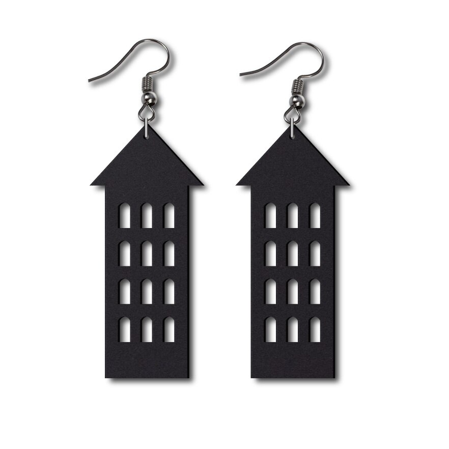 Cercei Negri 'Case' din Plexiglas, decupati laser, 2.2 x 5 cm