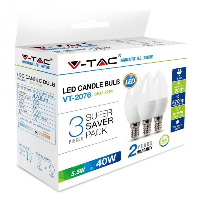 Bec LED V-TAC 5.5W E14 tip lumanare Alb cald - set 3 buc