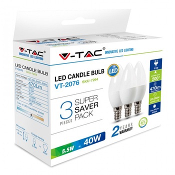 Bec LED V-TAC 5.5W E14 tip lumanare Alb rece - set 3 buc Bec LED V-TAC 5.5W E14 tip lumanare Alb rece - set 3 buc
