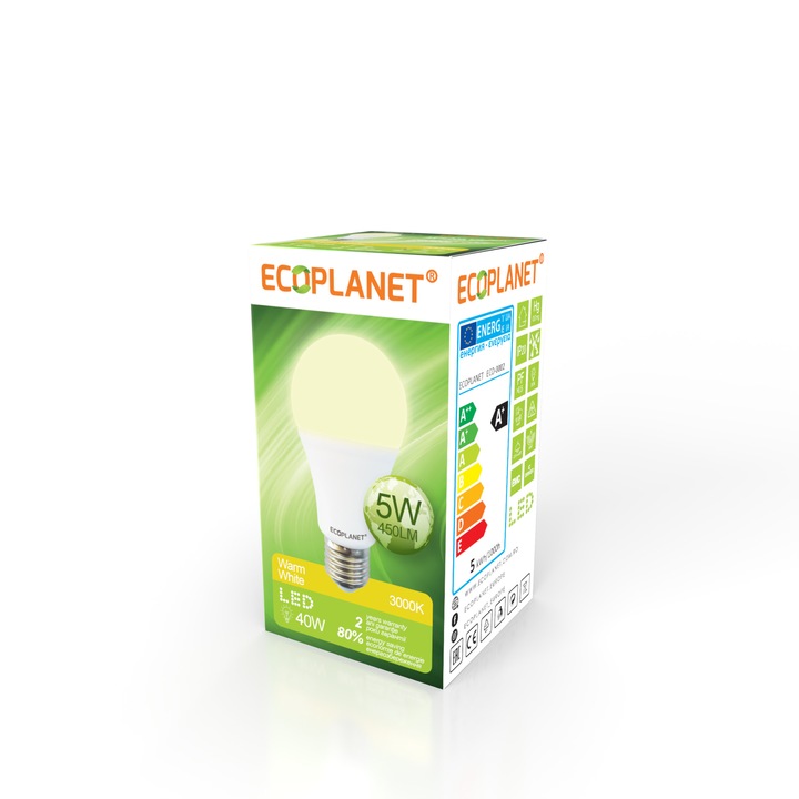 Bec LED Ecoplanet, E27, 5W (40W), 450 LM, A+, lumina calda 3000K, Mat