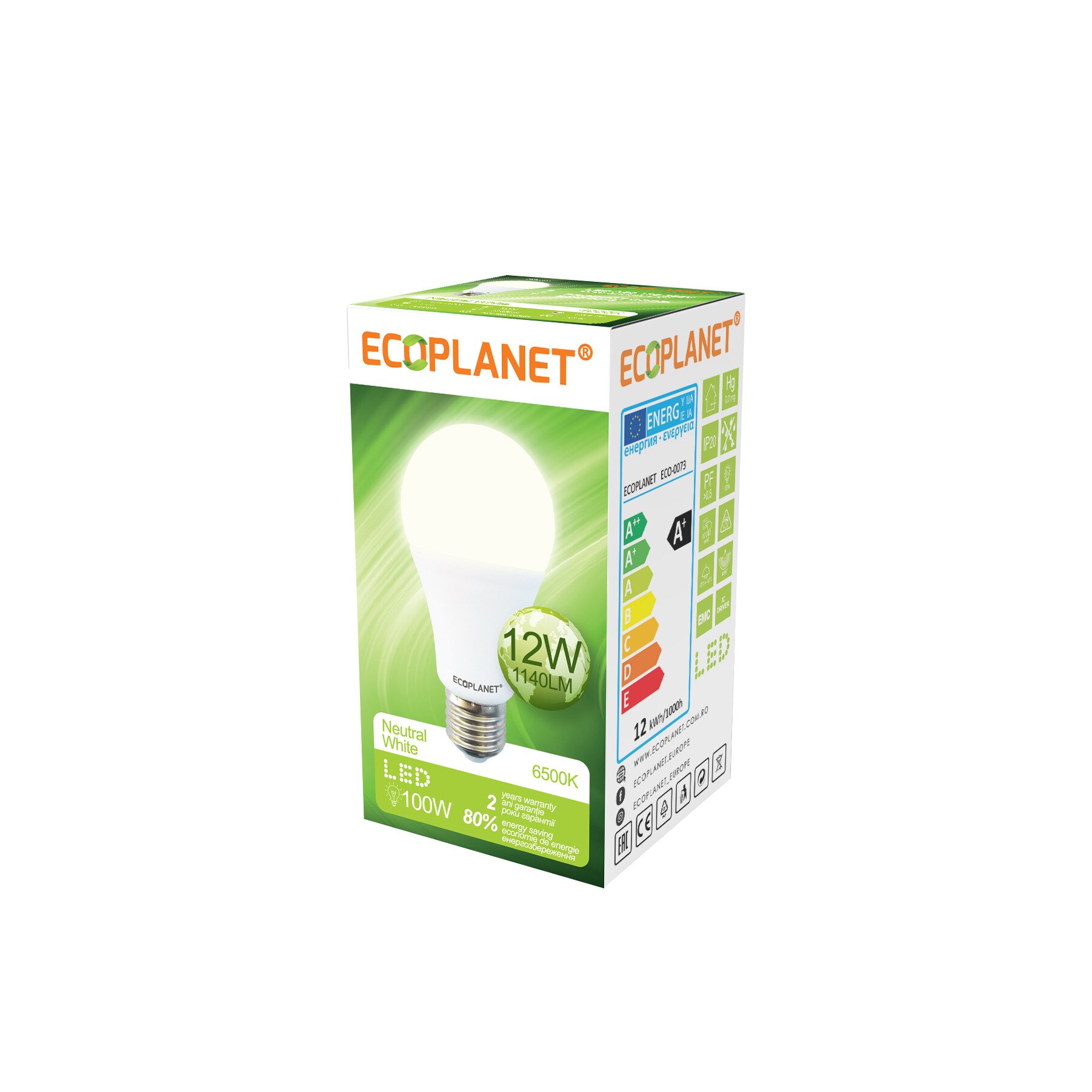 Bec LED Ecoplanet, E27, 12W (100W), 1140 LM, A+, lumina neutra 4000K, Mat