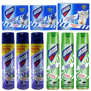Pachet - 3 x Spray Aroxol gandaci si furnici, 500ml + 3 x Spray Aroxol anti-molii, Lavanda, 400ml + 2 x Rezerva Aroxol 2000, 45ml + Aroxol aparat electric anti-tantari cu rezerva, 45ml Pachet - 3 x Spray Aroxol gandaci si furnici, 500ml + 3 x Spray Aroxol anti-molii, Lavanda, 400ml + 2 x Rezerva Aroxol 2000, 45ml + Aroxol aparat electric anti-tantari cu rezerva, 45ml