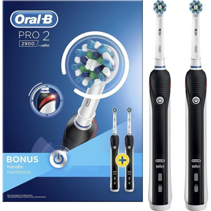 Set 2 Periute de dinti electrice Oral-B PRO 2900 CrossAction 3D, reincarcabile,timer, 2 programe, 2 capete, Alb/Negru
