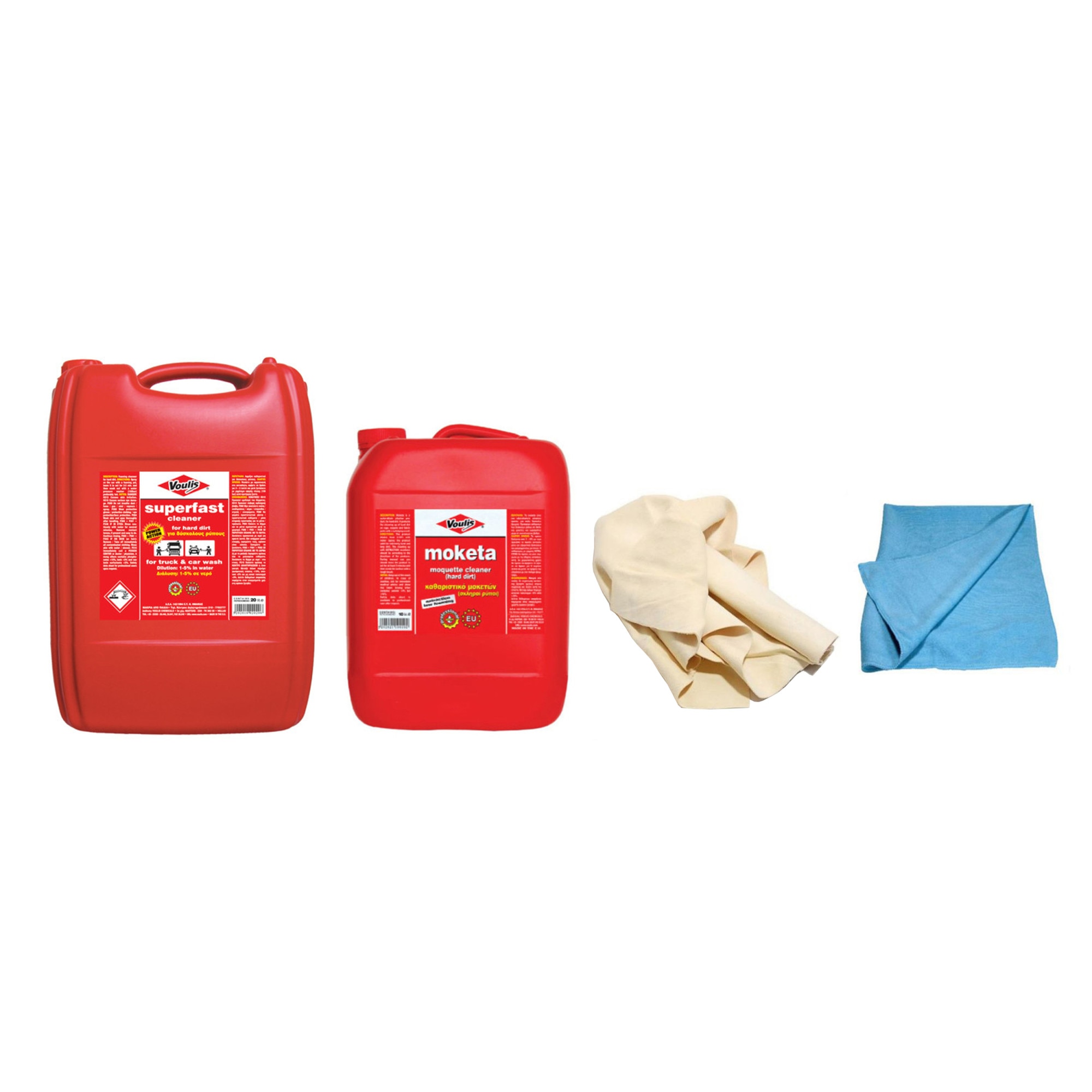 Pachet spuma auto activa profesionala Voulis Superfast 20L+ solutie curatare tapiterie Voulis Moketa 10L + laveta piele naturala 40x35cm + laveta microfibra Voulis Pezeta 65x40cm