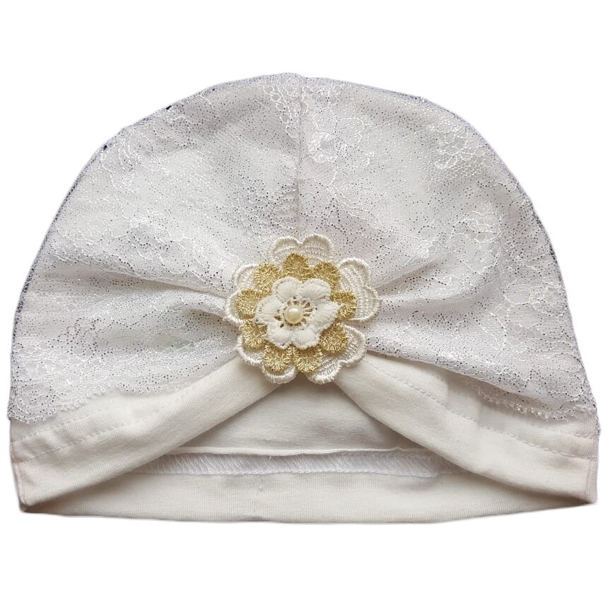 Fes tip turban pentru botez Mic Pitic C113NN cu dantela, ecru, 38 cm