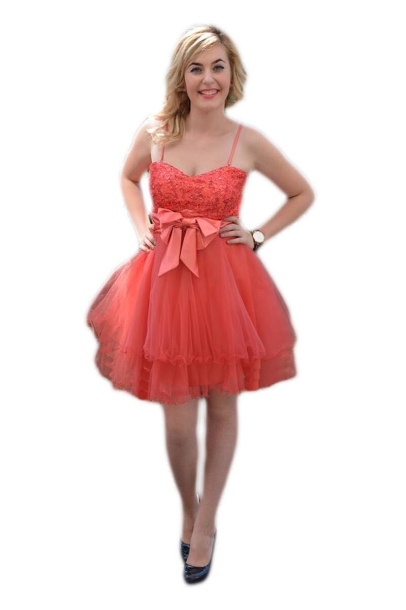 Rochie eleganta cu broderie infrumusetata cu paiete mici, D&J Exclusive, Corai