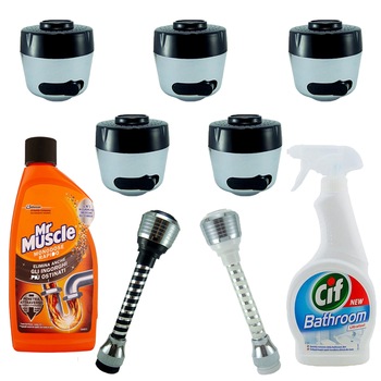 Pachet - 5 x Perlator baterie sanitara, sita baterie, cap dus, reglabil, 2 functii + 2 x Perlator sita chiuveta cu prelungitor flexibil (Alb, Negru) + Mr. Muscle gel pentru desfundarea tevilor din baie si bucatarie, 500 ml + Cif baie anticalcar, 500ml Pachet - 5 x Perlator baterie sanitara, sita baterie, cap dus, reglabil, 2 functii + 2 x Perlator sita chiuveta cu prelungitor flexibil (Alb, Negru) + Mr. Muscle gel pentru desfundarea tevilor din baie si bucatarie, 500 ml + Cif baie anticalcar, 500ml