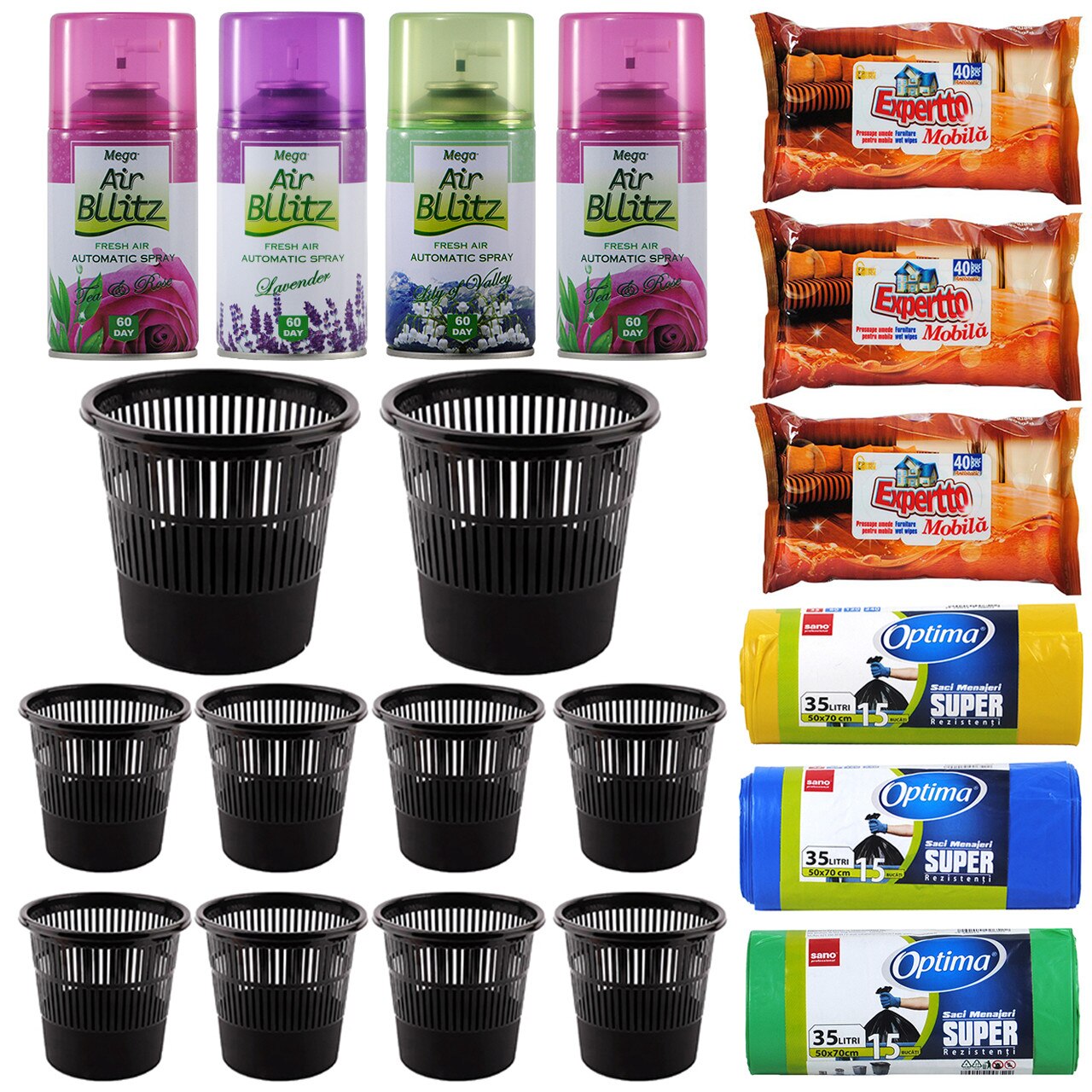 Pachet - 10 x Cos negru de gunoi pentru birou + 3 x Rola saci menajeri, 35L, 15buc/Rola + 3 x Servetele umede pentru mobila, 40buc/pach. + 4 x Rezerva odorizant camera, 260ml (2xTea & Rose, 1xLavanda, 1xLacramioare)