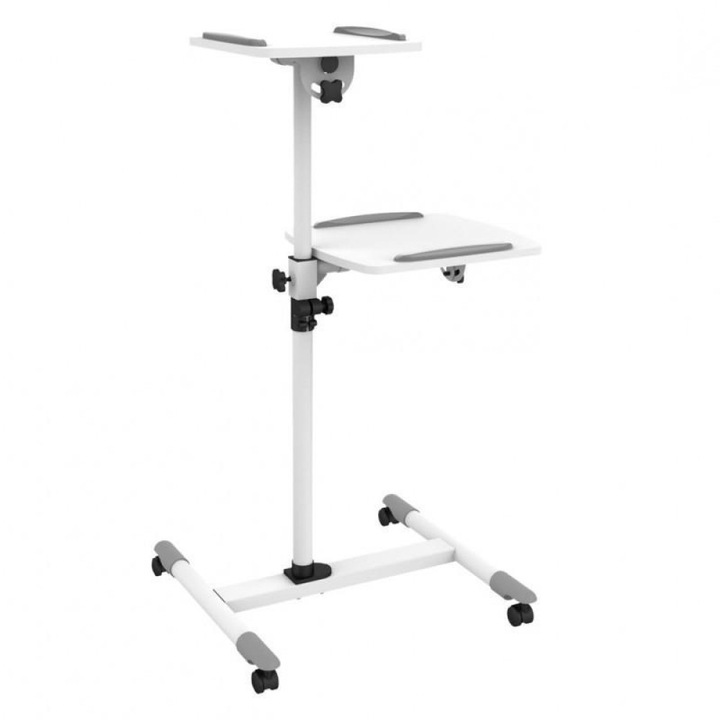 Stand multifunctional cu 2 rafturi reglabile, mobil pe roti, TECHLY, alb, ICA-TB TPM-6