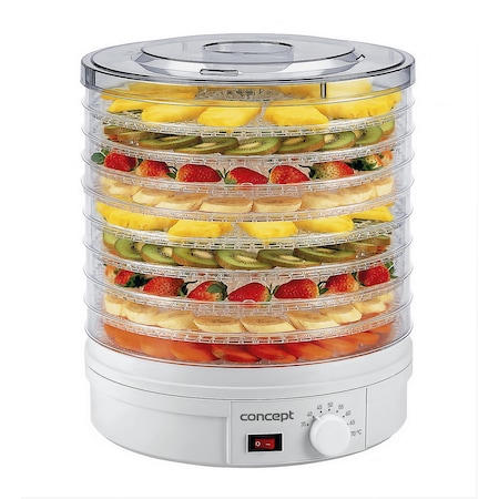 Deshidrator de alimente Concept SO1020, 245 W, 9 tavi, tava 32cm, ventilator , 35-70 °C, Alb