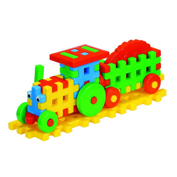Cuburi constructii Tractor cu remorca multicolor , Dimensiuni 38 x 10,5 x 14,5 cm , Robentoys