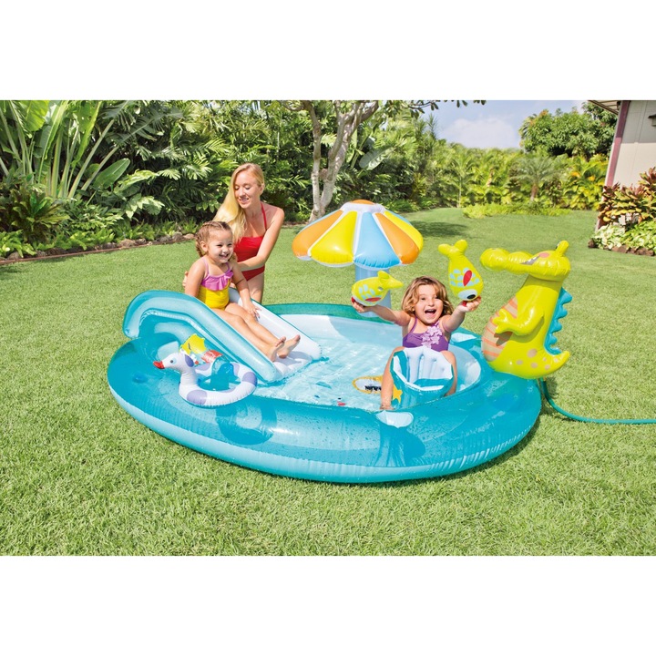 Piscina Gonflabila si Centru de Joaca pentru Copii cu Tobogan, Jucarii Gonflabile, Model 57129, Design Alligator, 203 x 173 x 89 cm
