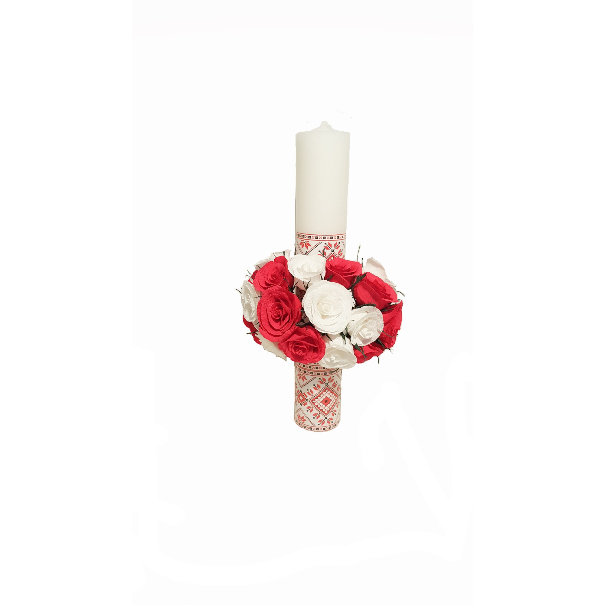 Lumanare de botez Handmade Minis Boutique, cu motive traditionale si trandafiri albi si rosii