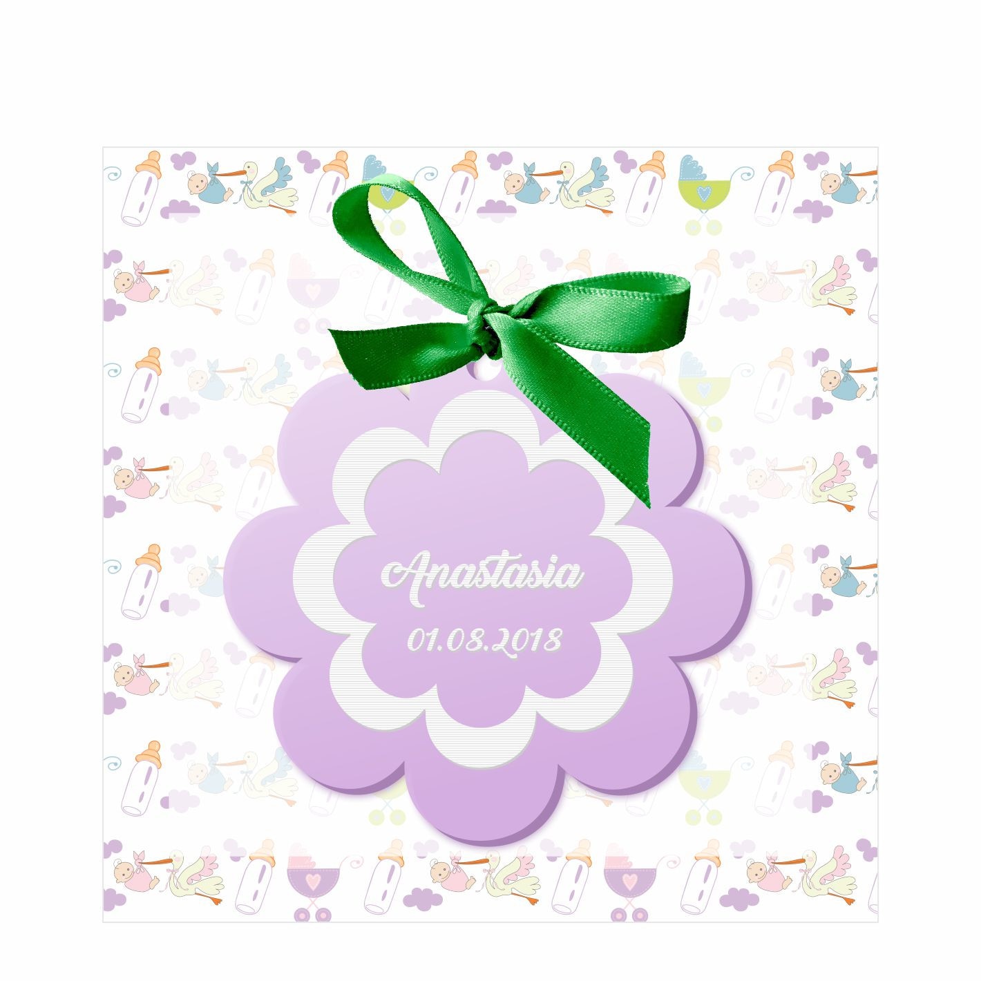 Marturii botez personalizate, model floare 7x7cm, set 10 buc
