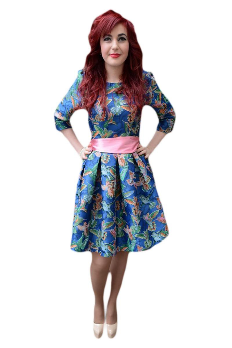 Rochie fashion, imprimeu modern cu pasari ,D&J Exclusive, Bleumarin