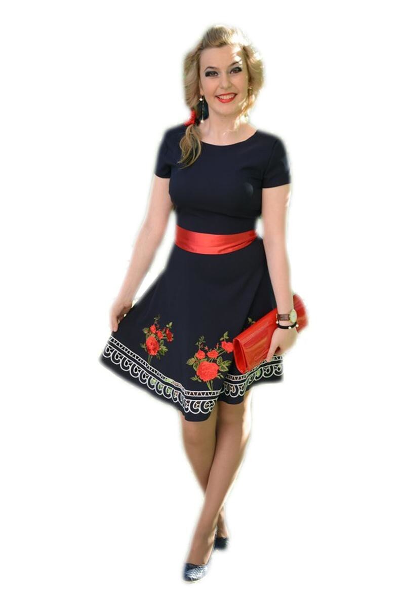 Rochie rafinata, eleganta, trandafiri rosii,D&J Exclusive, Albastru marin