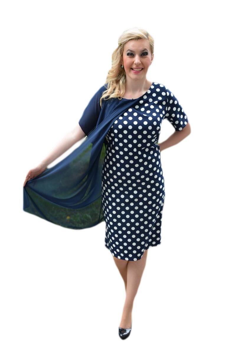 Rochie asimetrica cu design aparte si imprimeu de buline albe,D&J Exclusive, Bleumarin-Alb