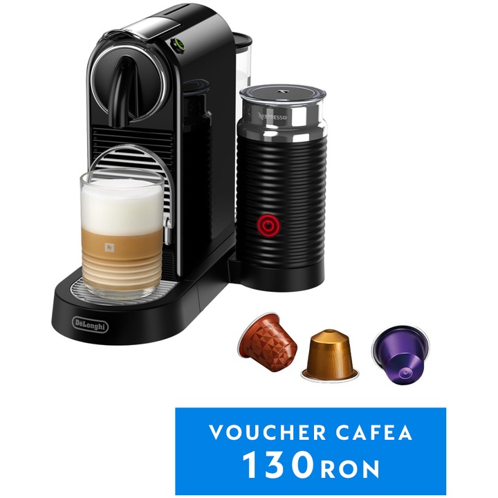 Espressor Nespresso by De'Longhi CitiZ & Milk Black, 1710 W, 19 bari, Negru, set capsule degustare inclus