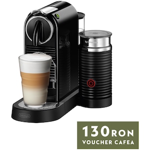Pachet Espressor Nespresso De'Longhi CitiZ EN267.BAE 1710W, 19 Bar, 1L & Aparat pentru spumare lapte Aeroccino, Negru + set capsule degustare