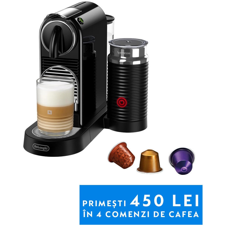 Espressor Nespresso by De'Longhi CitiZ & Milk Black, 1710 W, 19 bari, Negru, set capsule degustare inclus