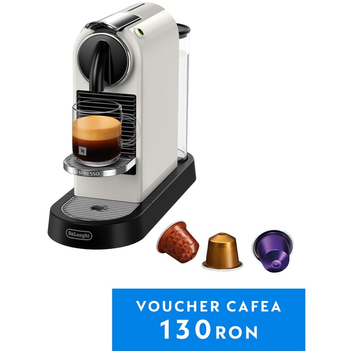 Espressor Nespresso by De'Longhi CitiZ White, 19 bari, 1260 W, Alb, set capsule degustare inclus